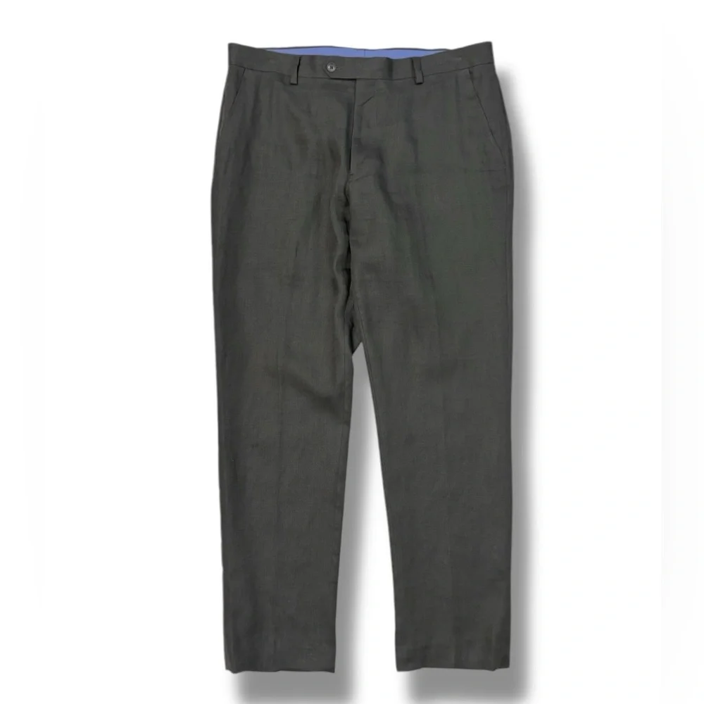 TOMMY HILFIGER Olive Green Linen Flat Front Dress Pants 36x32